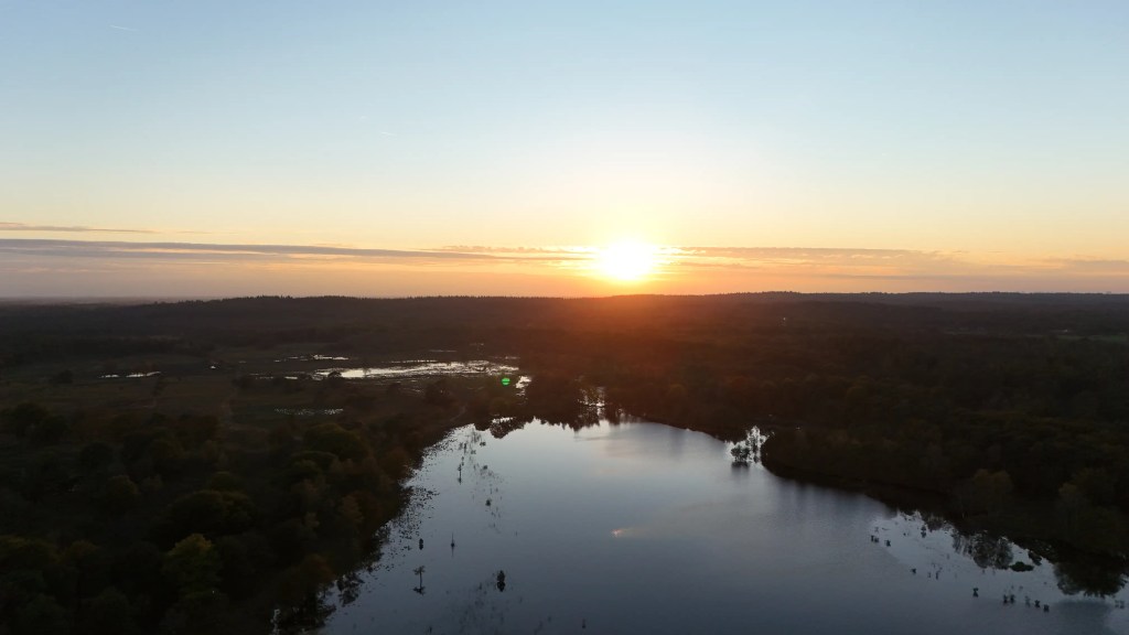 Drone footage of a watery area in the Utrechtse Heuvelrug in the Netherlands. A beautiful setting sun can be seen.