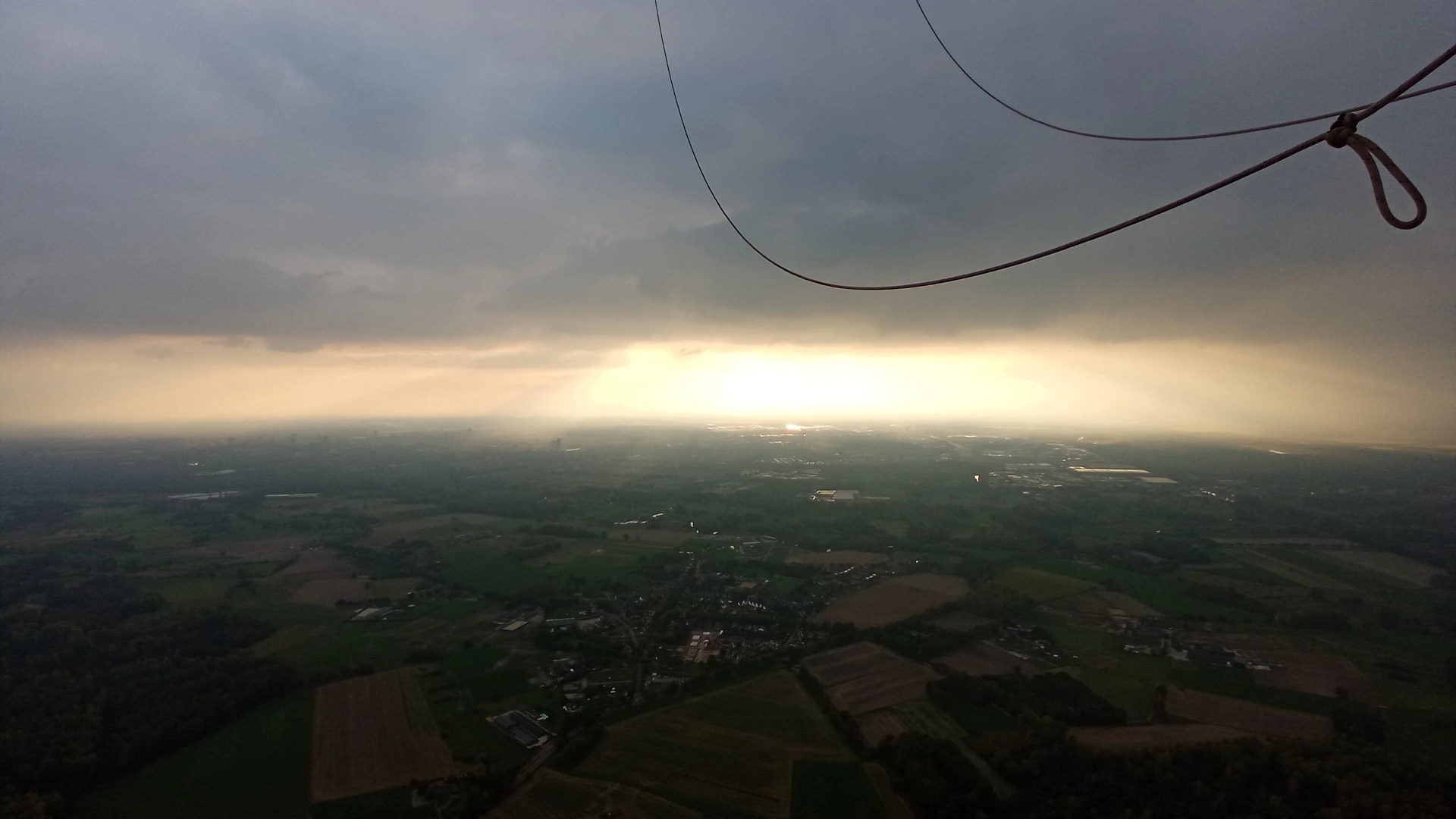 Landscape and horizon view from an air balloon. Beautiful sunny sky in the distance.